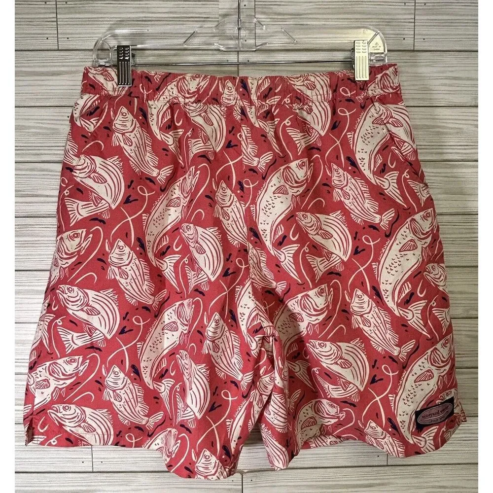 Vineyard Vines Men's Fish Swim Trunks Red White With Liner Shorts Coral Sz Med